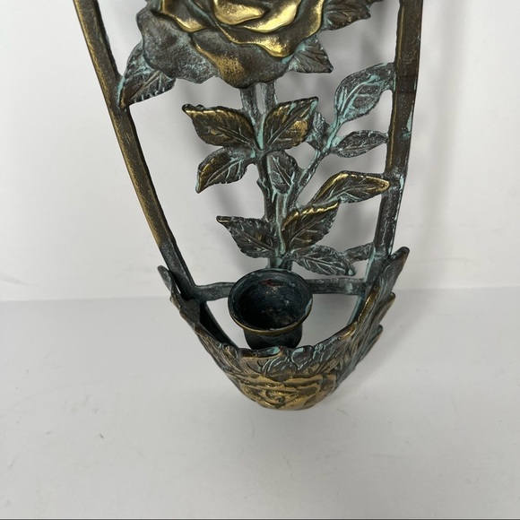 Antiqued Patina Brass 16.5” Tall Wall Sconce Candle Hanger‎ with Rose Embossed - Picture 7 of 11
